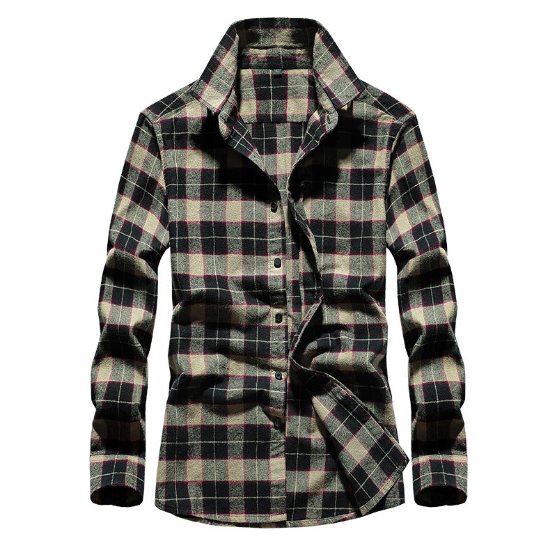 Men's Checked Flannel Shirt with Kent Collar and Adjustable Cuffs