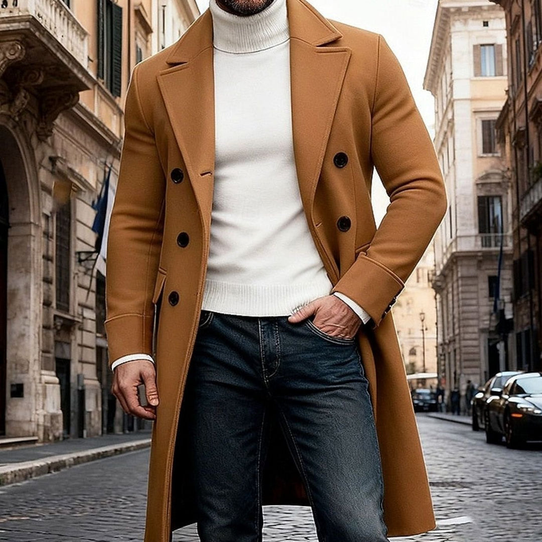 Men's Long Wool Overcoat Double-Breasted Tailored Fit