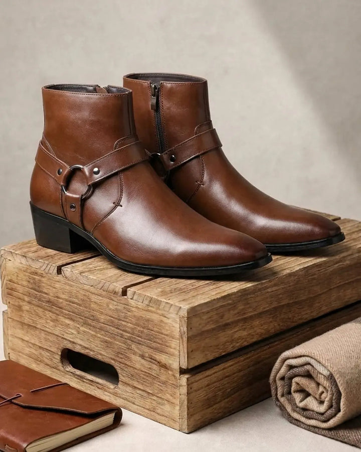 Men's Leather Ankle Boots with Harness Strap and Pointed Toe