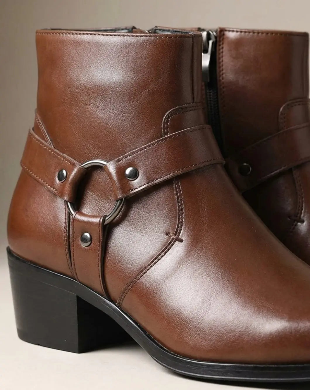 Men's Leather Ankle Boots with Harness Strap and Pointed Toe