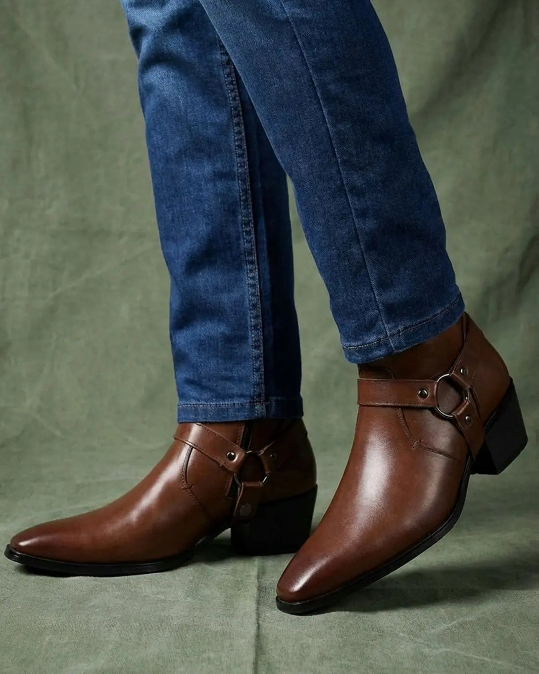 Men's Leather Ankle Boots with Harness Strap and Pointed Toe