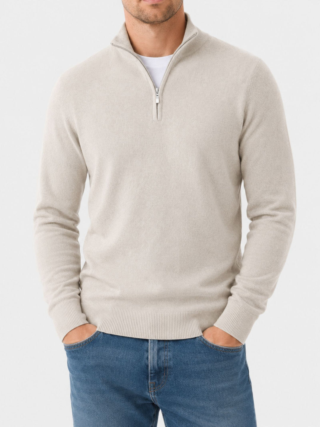 Men's Merino Wool Jumper with V-neck and Zip Detail