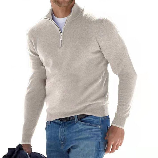Men's Merino Wool Jumper with V-neck and Zip Detail