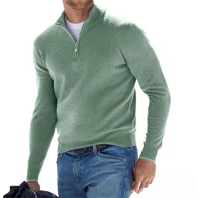 Men's Merino Wool Jumper with V-neck and Zip Detail
