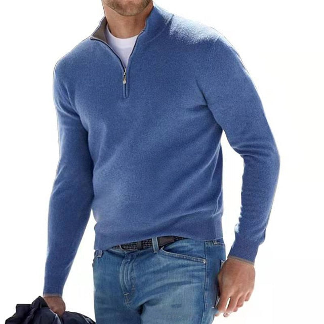 Men's Merino Wool Jumper with V-neck and Zip Detail