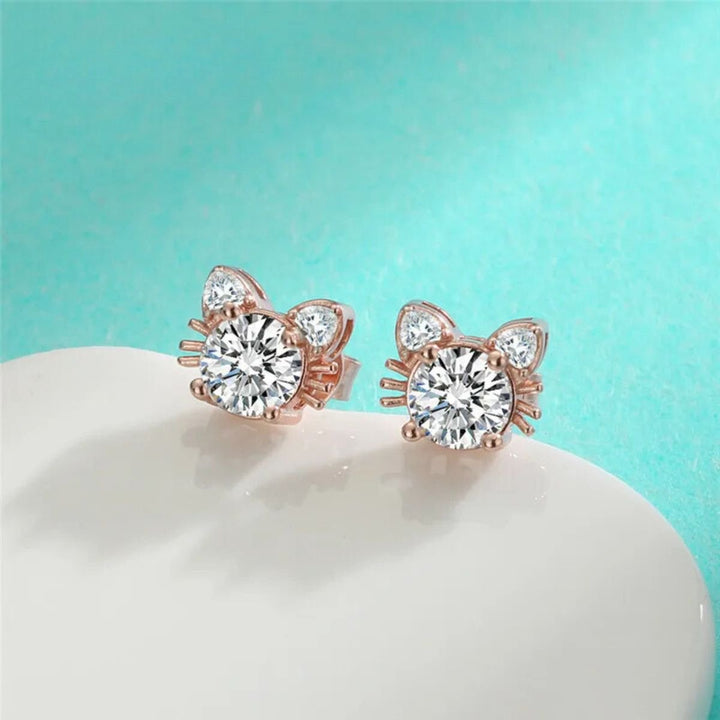 Moissanite Pink Gold Cat Stud Earrings in Sterling Silver