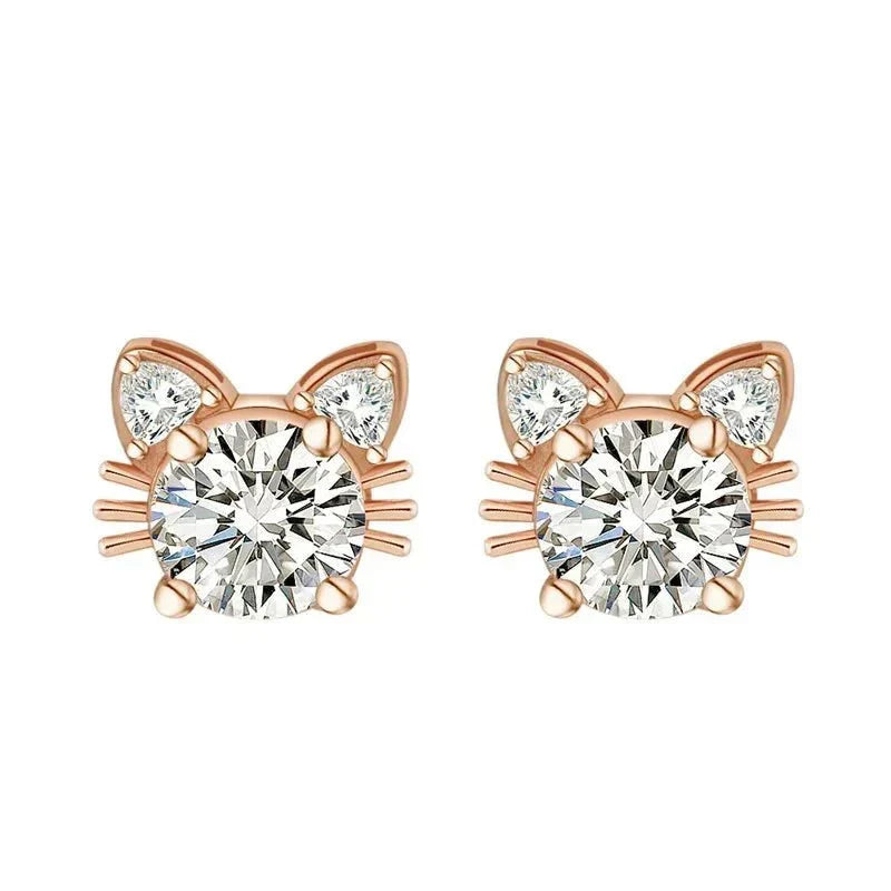 Moissanite Pink Gold Cat Stud Earrings in Sterling Silver