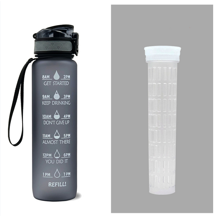 Motivational Sports Water Bottle with Fruit Infuser Time Markers and Flip-Top Lid 32 Oz