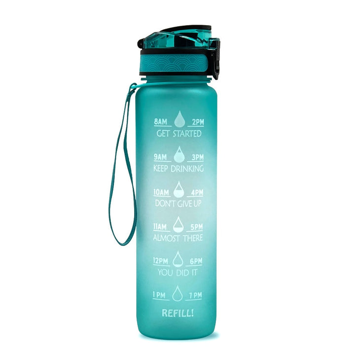 Motivational Sports Water Bottle with Fruit Infuser Time Markers and Flip-Top Lid 32 Oz