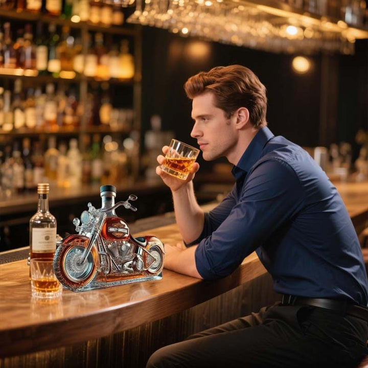Motorcycle Whiskey Decanter Set with Glass Cruiser Design and Molded Engine Details