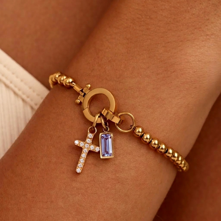 Nova Bead Birthstone Bracelet with Cross Pendant