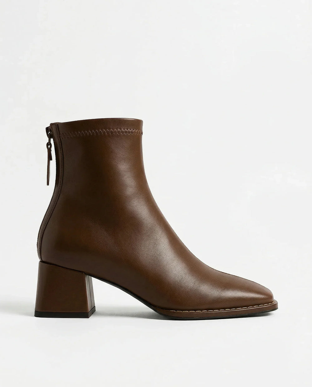 Women's Leather Ankle Boots with Block Heel and Square Toe