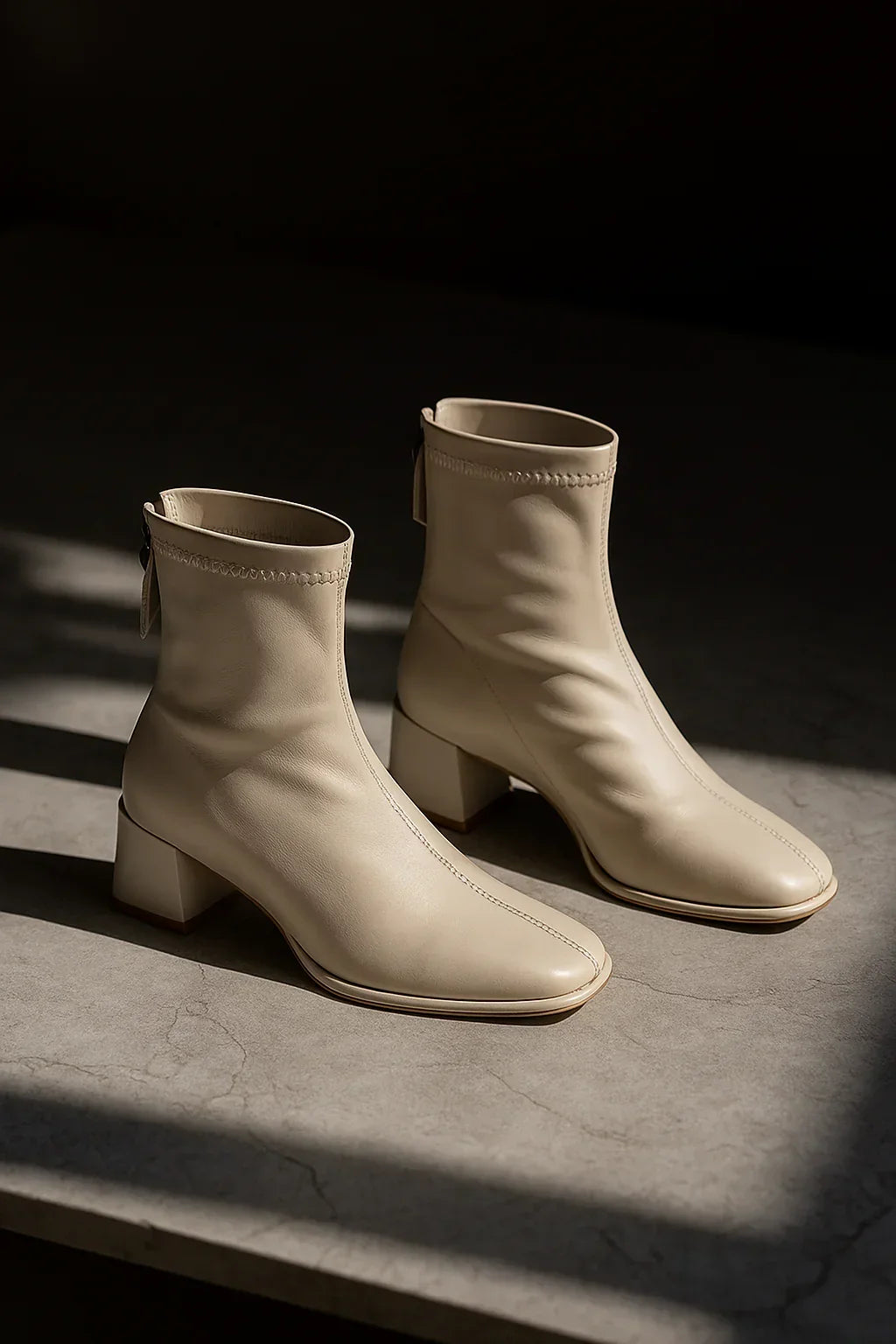 Women's Leather Ankle Boots with Block Heel and Square Toe
