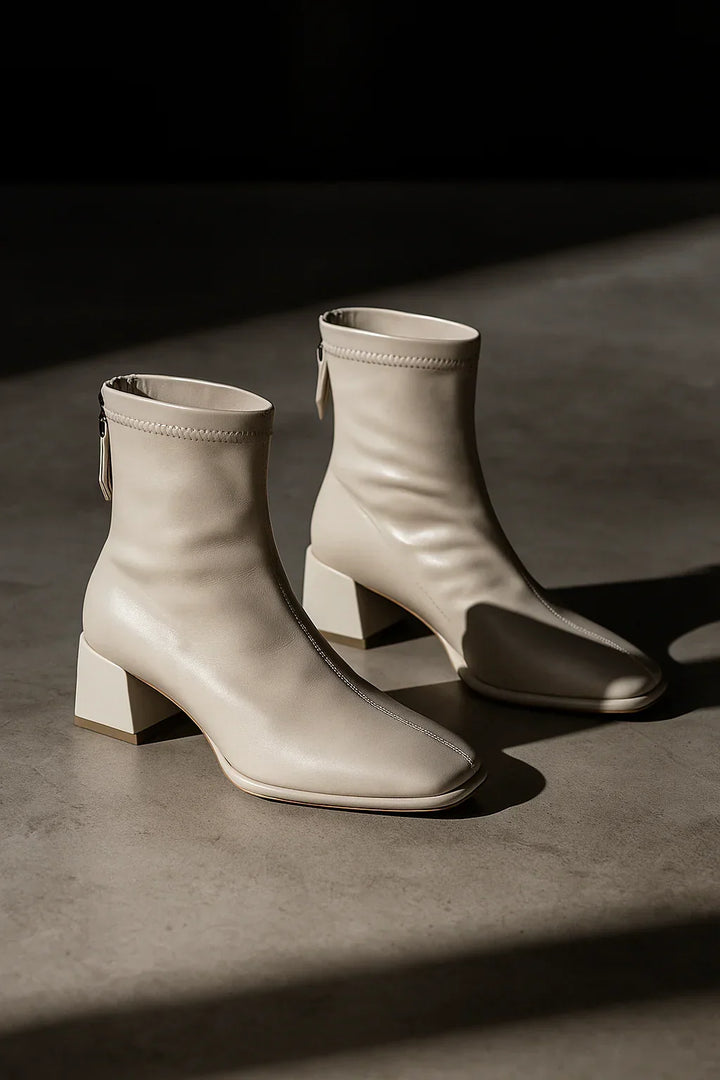 Women's Leather Ankle Boots with Block Heel and Square Toe