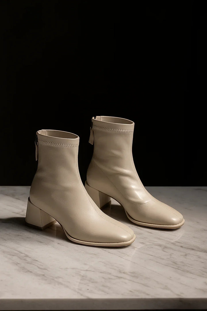 Women's Leather Ankle Boots with Block Heel and Square Toe