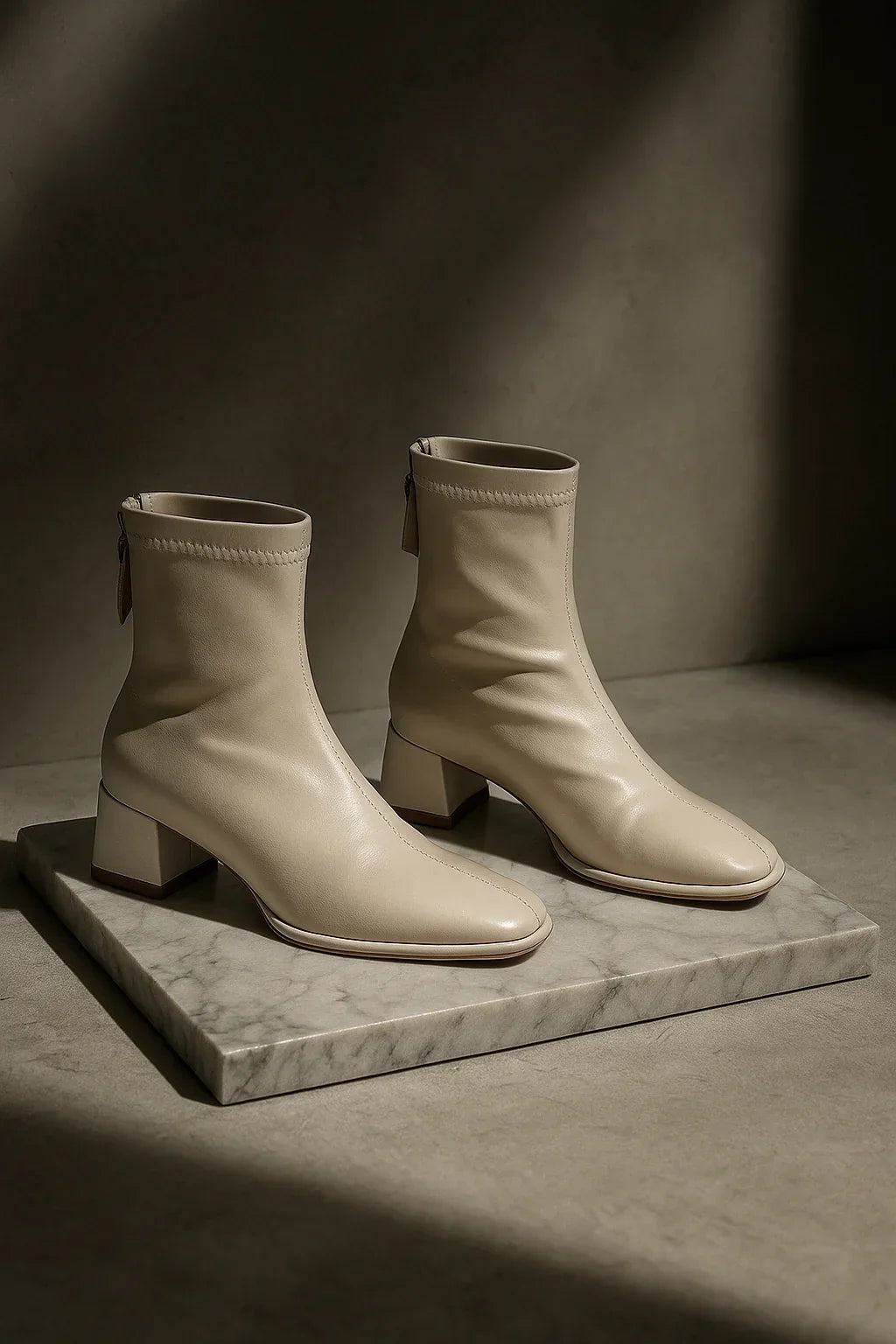Women's Leather Ankle Boots with Block Heel and Square Toe