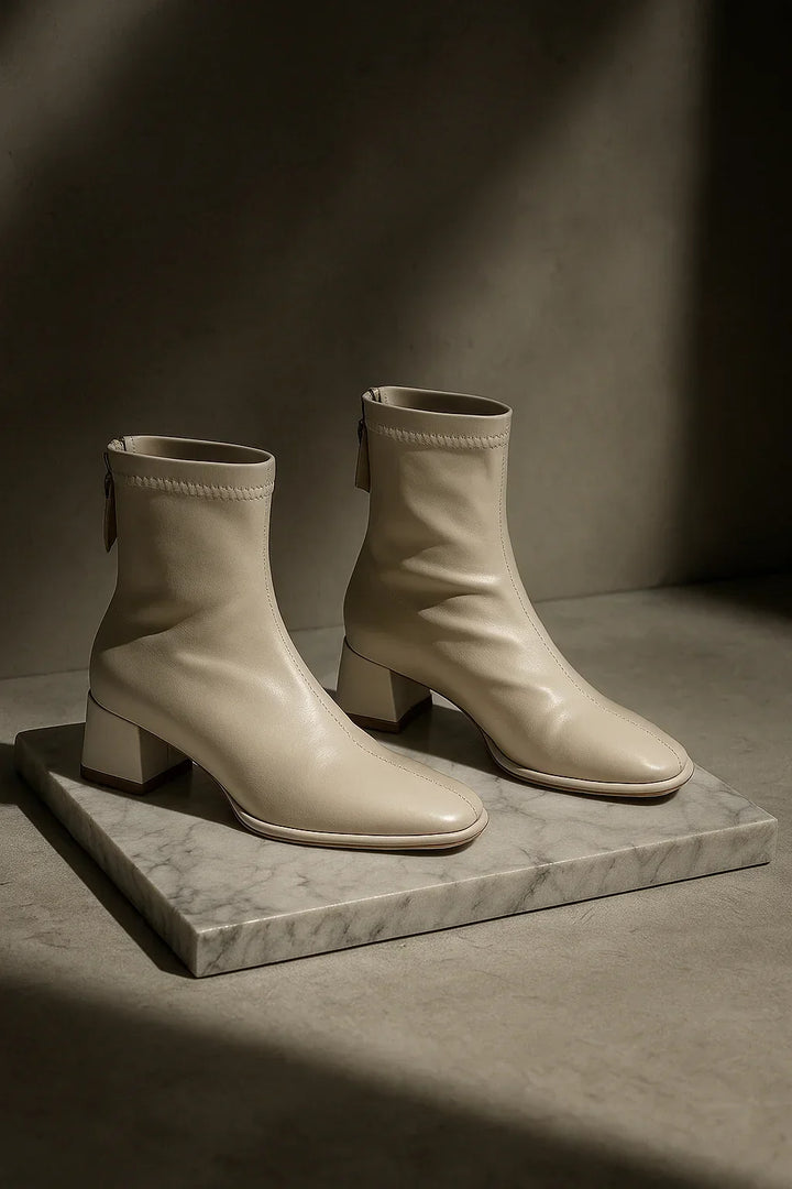 Women's Leather Ankle Boots with Block Heel and Square Toe