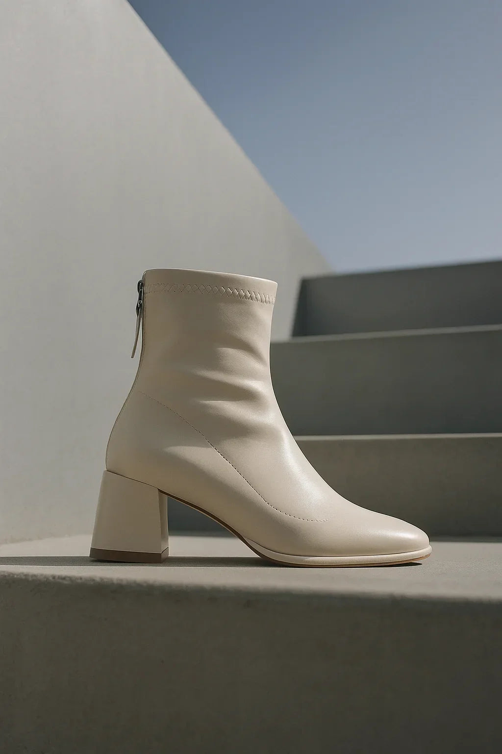 Women's Leather Ankle Boots with Block Heel and Square Toe