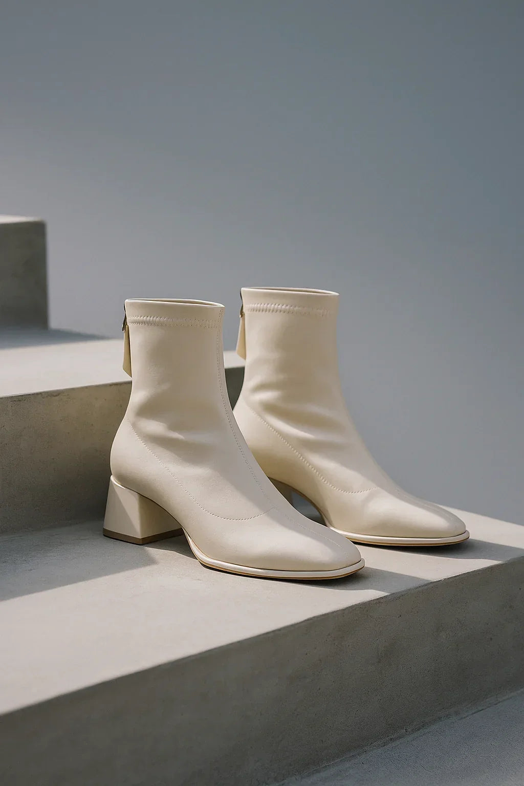 Women's Leather Ankle Boots with Block Heel and Square Toe