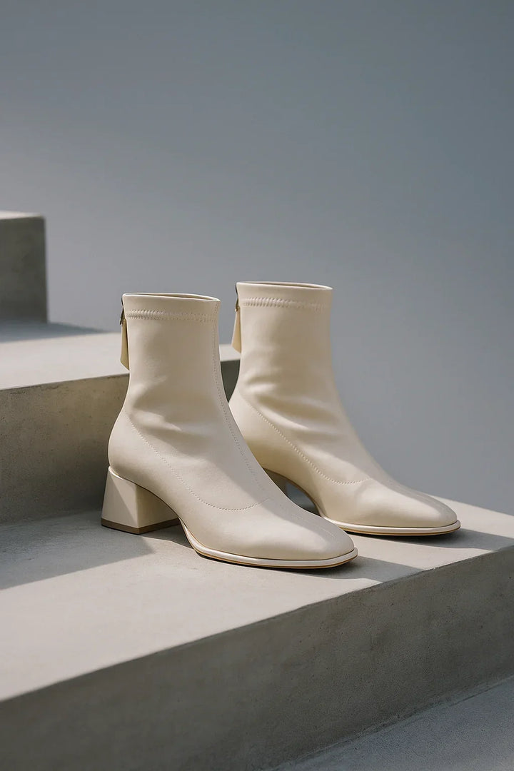 Women's Leather Ankle Boots with Block Heel and Square Toe