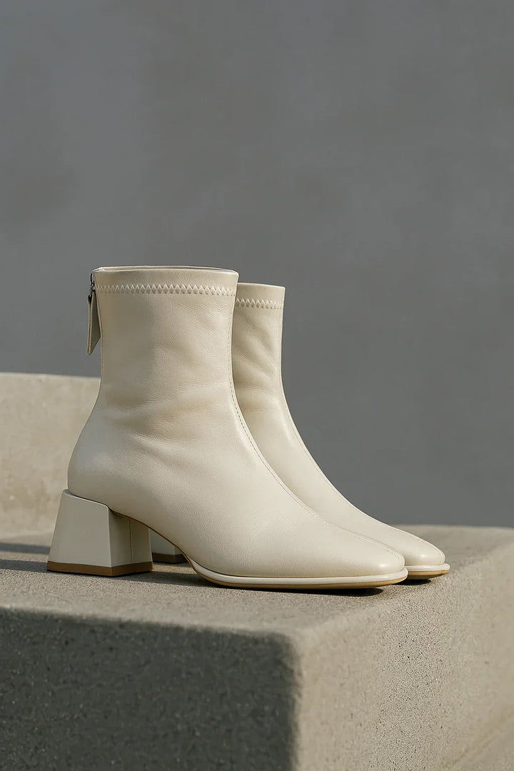 Women's Leather Ankle Boots with Block Heel and Square Toe