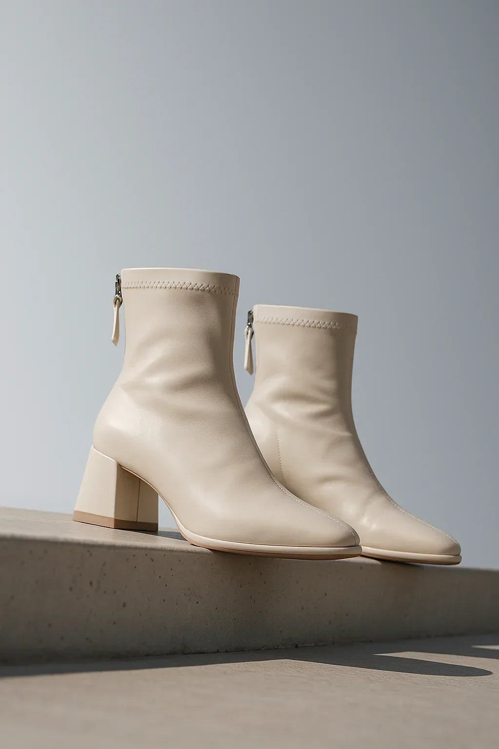 Women's Leather Ankle Boots with Block Heel and Square Toe