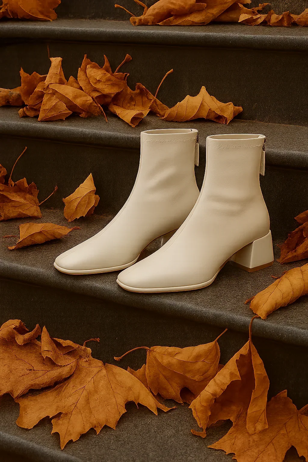 Women's Leather Ankle Boots with Block Heel and Square Toe