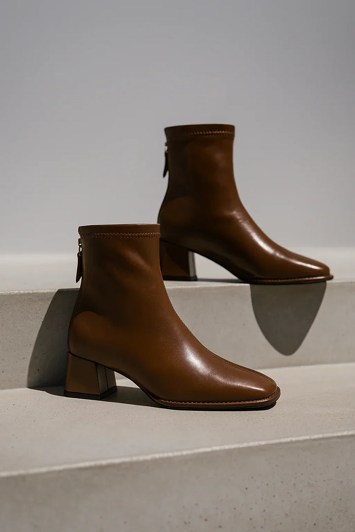 Women's Leather Ankle Boots with Block Heel and Square Toe