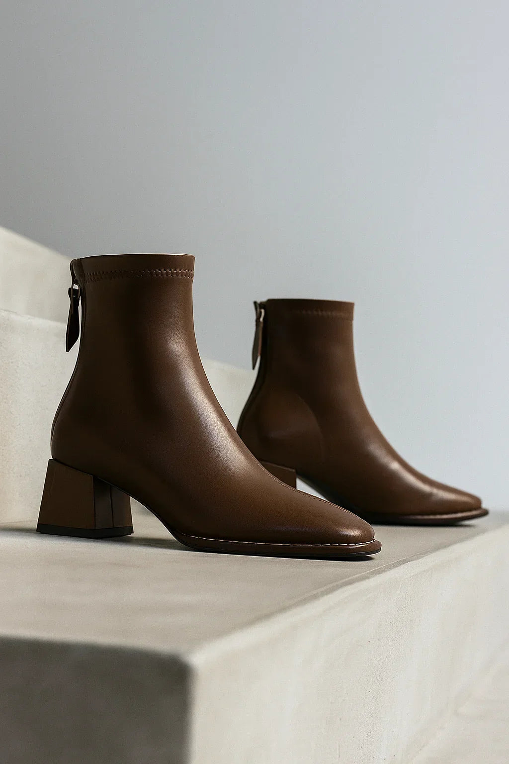 Women's Leather Ankle Boots with Block Heel and Square Toe