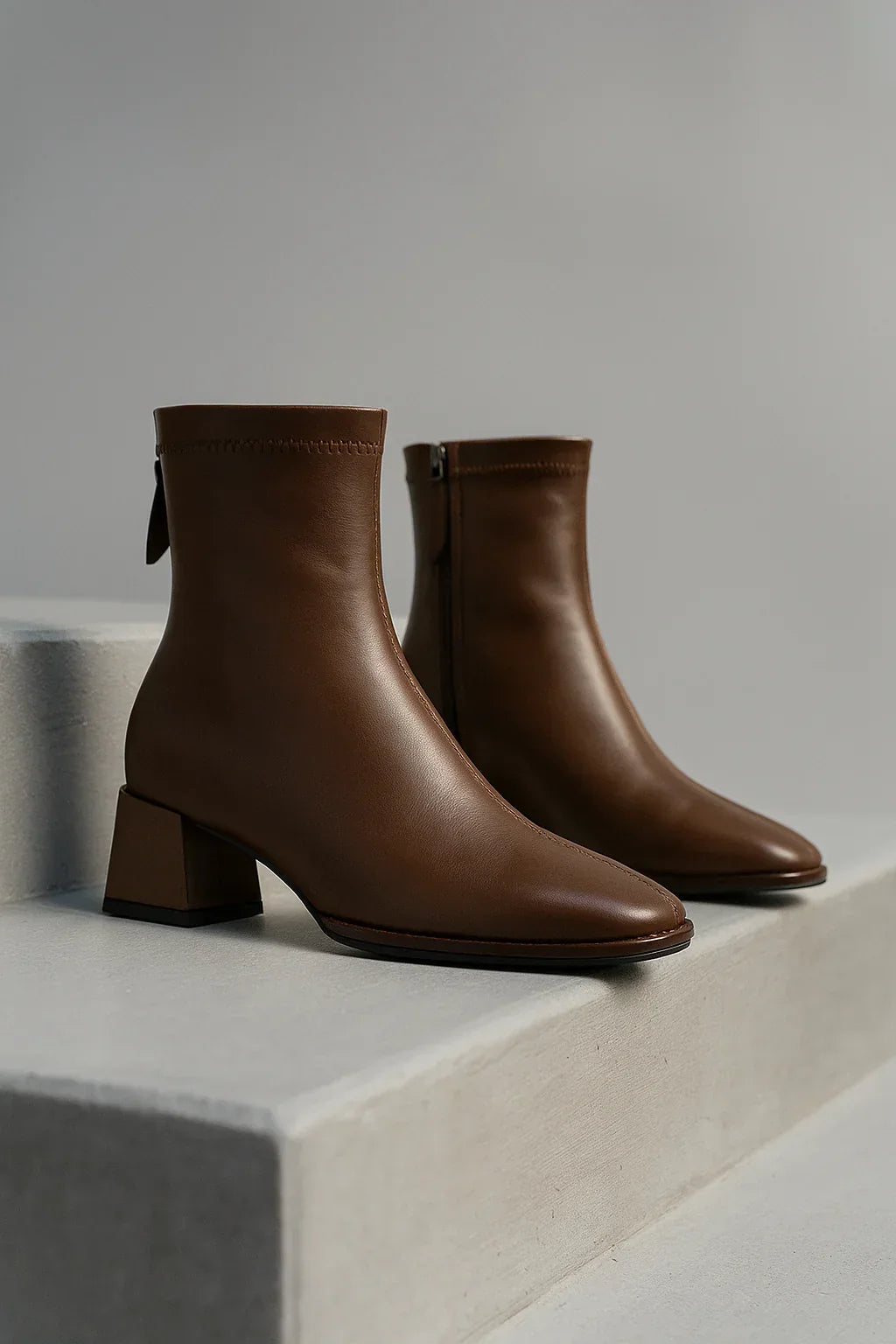 Women's Leather Ankle Boots with Block Heel and Square Toe