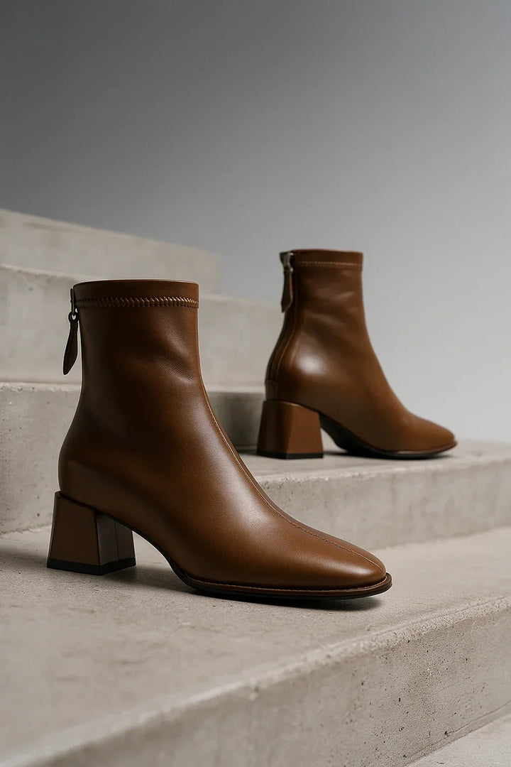 Women's Leather Ankle Boots with Block Heel and Square Toe