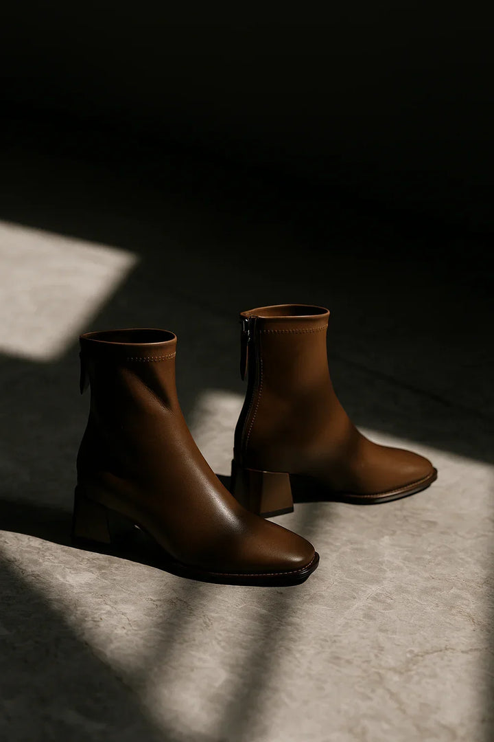 Women's Leather Ankle Boots with Block Heel and Square Toe