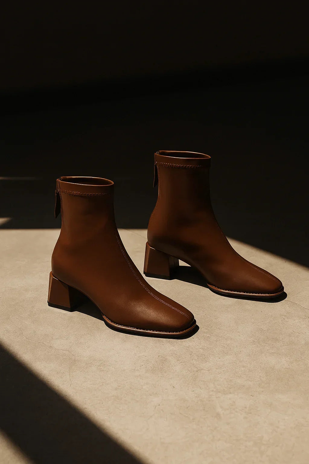 Women's Leather Ankle Boots with Block Heel and Square Toe