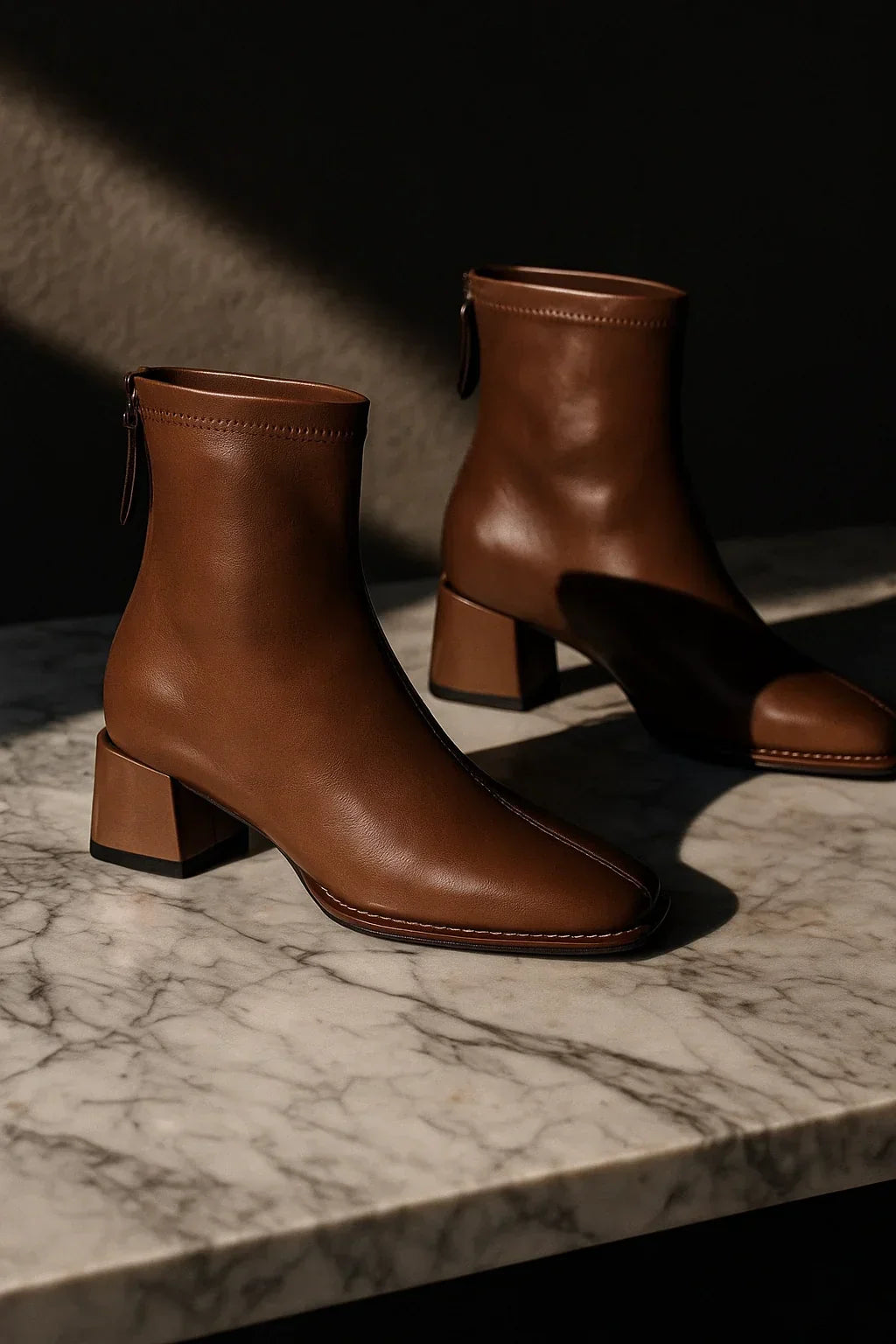 Women's Leather Ankle Boots with Block Heel and Square Toe