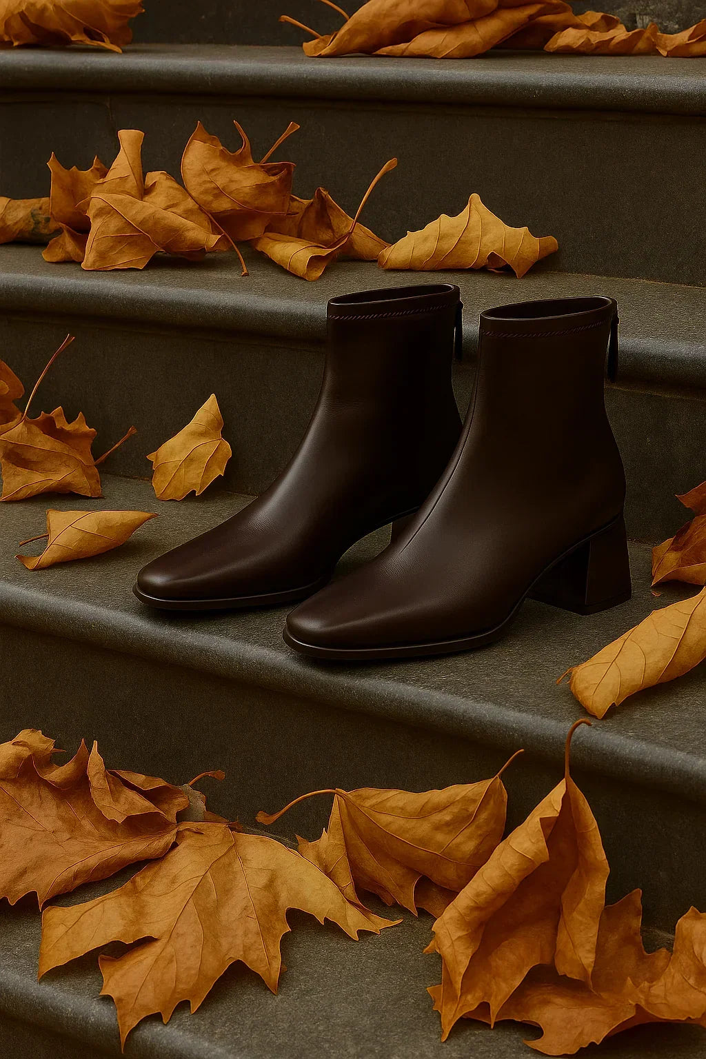 Women's Leather Ankle Boots with Block Heel and Square Toe