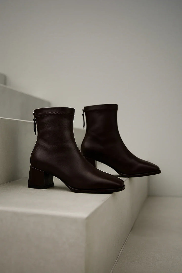 Women's Leather Ankle Boots with Block Heel and Square Toe