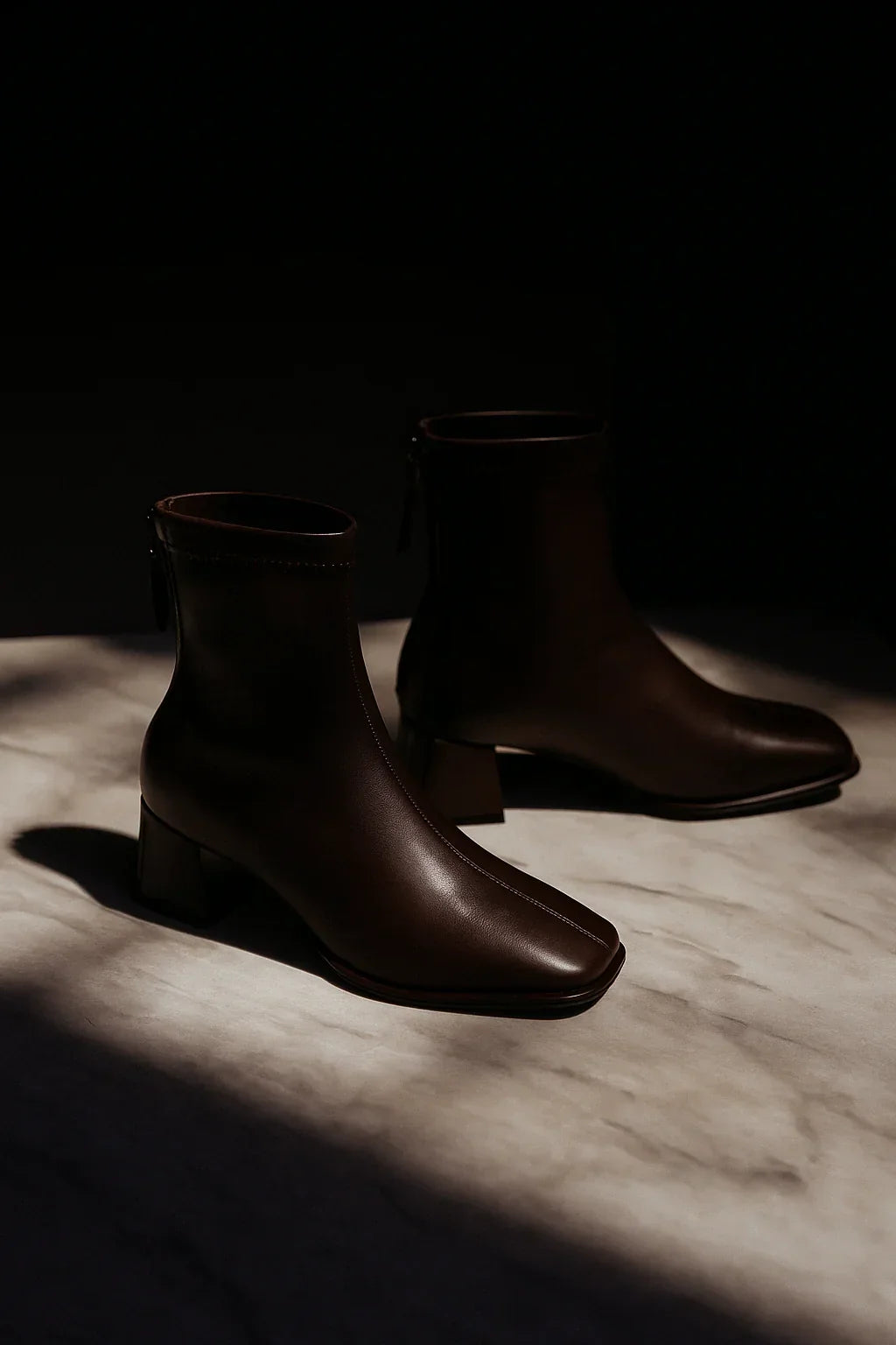 Women's Leather Ankle Boots with Block Heel and Square Toe