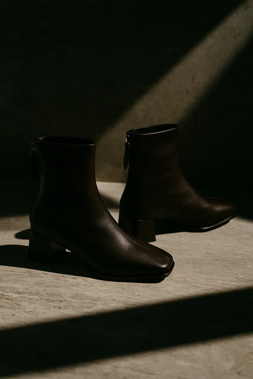 Women's Leather Ankle Boots with Block Heel and Square Toe