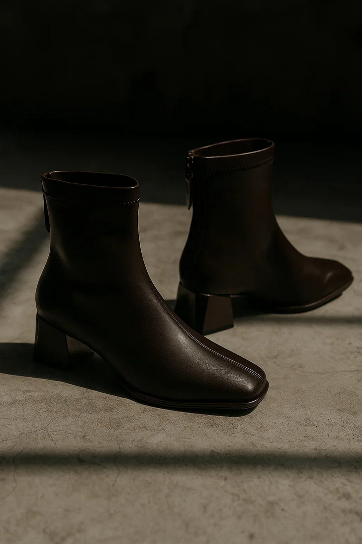 Women's Leather Ankle Boots with Block Heel and Square Toe