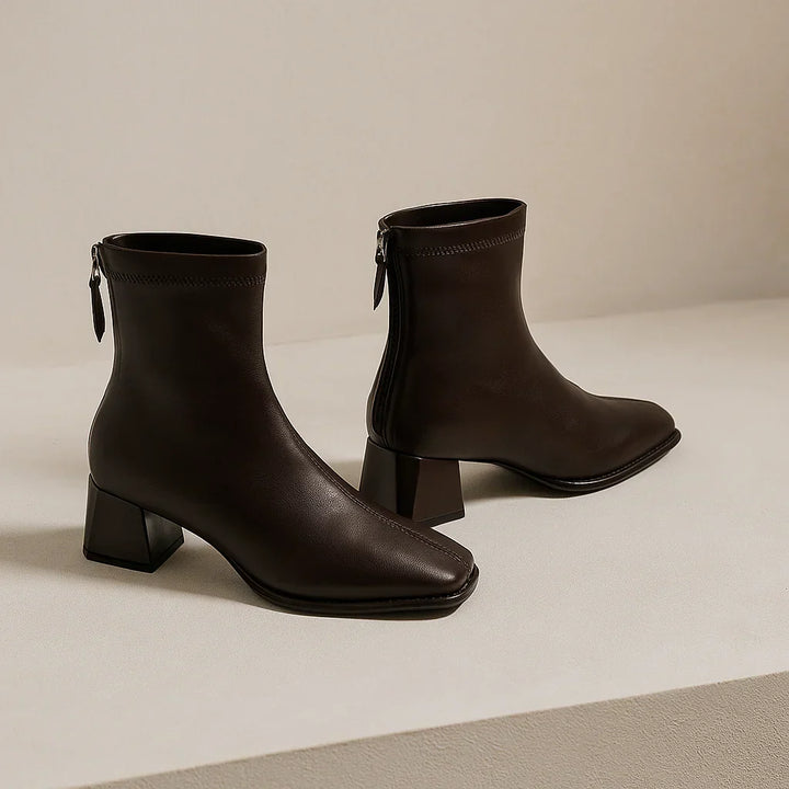 Women's Leather Ankle Boots with Block Heel and Square Toe