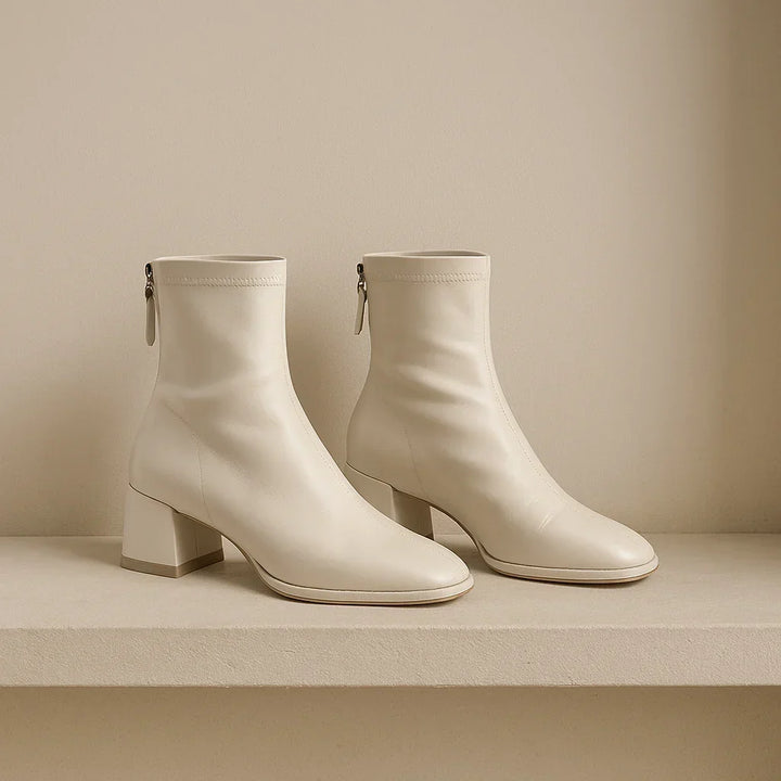 Women's Leather Ankle Boots with Block Heel and Square Toe