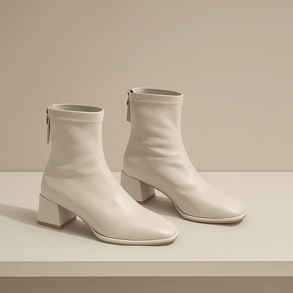 Women's Leather Ankle Boots with Block Heel and Square Toe