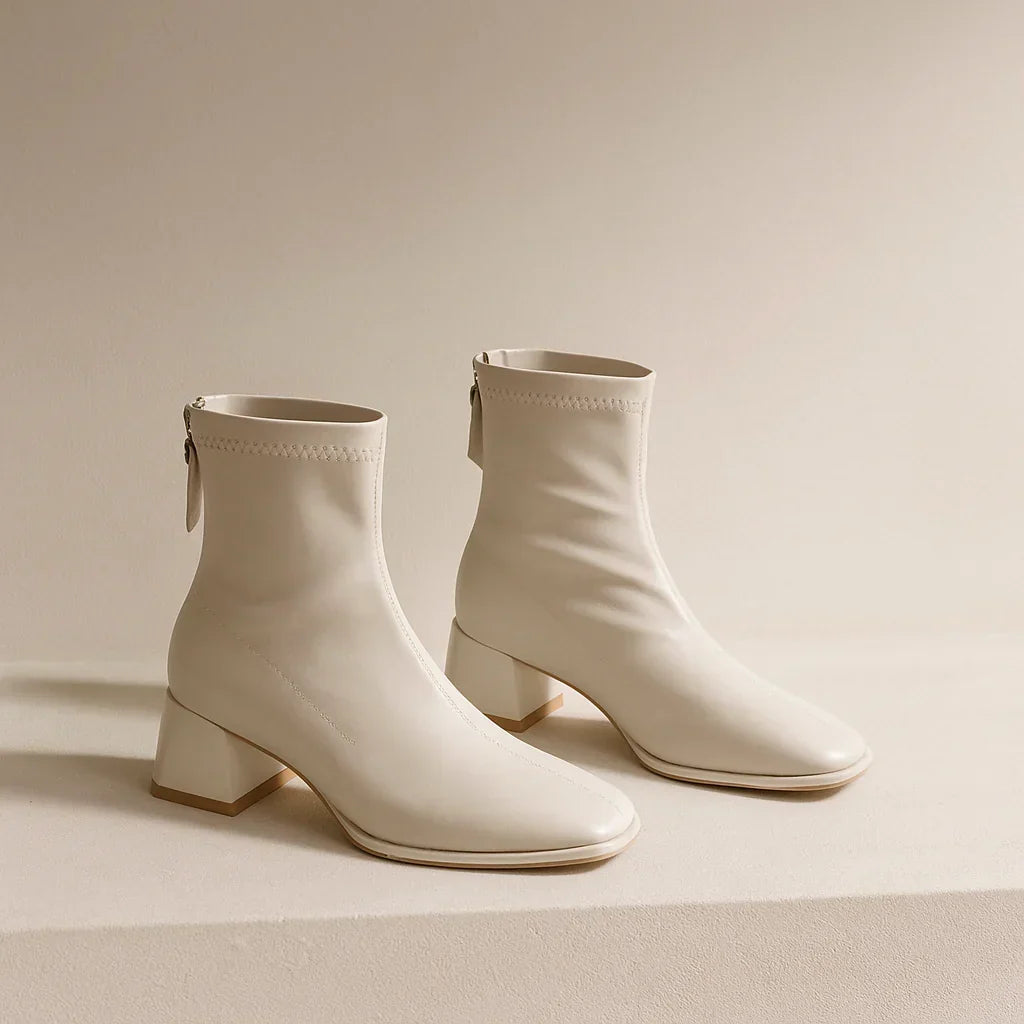 Women's Leather Ankle Boots with Block Heel and Square Toe