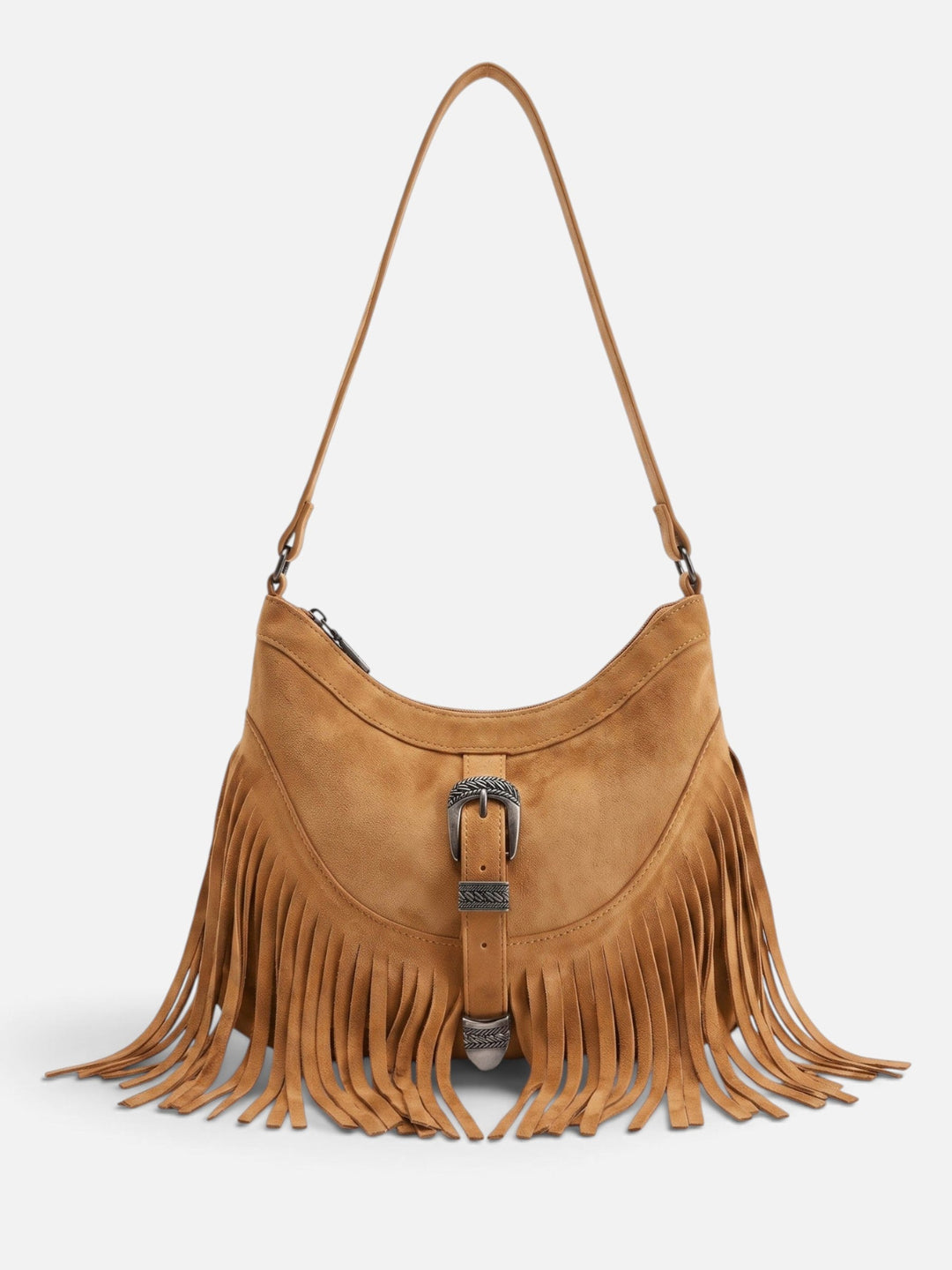 Women's Faux Suede Fringe Shoulder Bag with Buckle