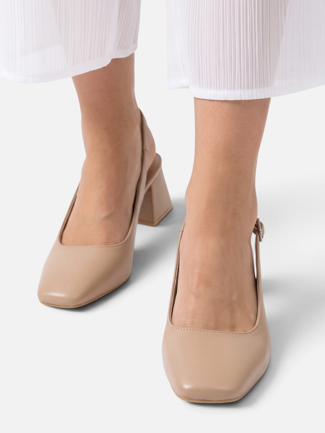 Women's Leather Square-Toe Slingback Pumps with Block Heel
