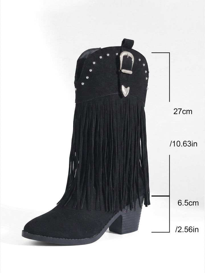 Women's Faux Suede Fringe Cowboy Boots with Studs