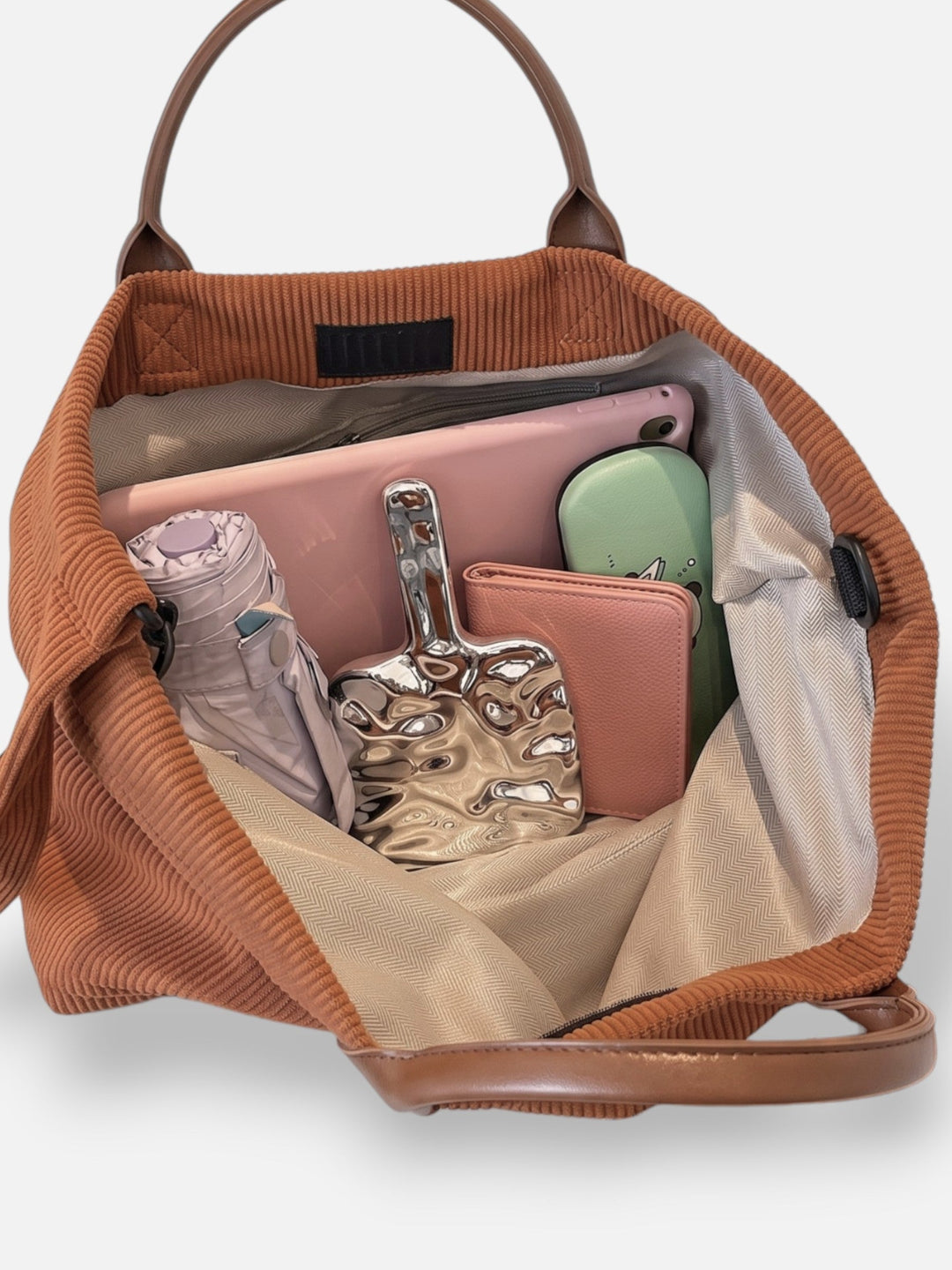 Women's Corduroy Lettering Tote Bag