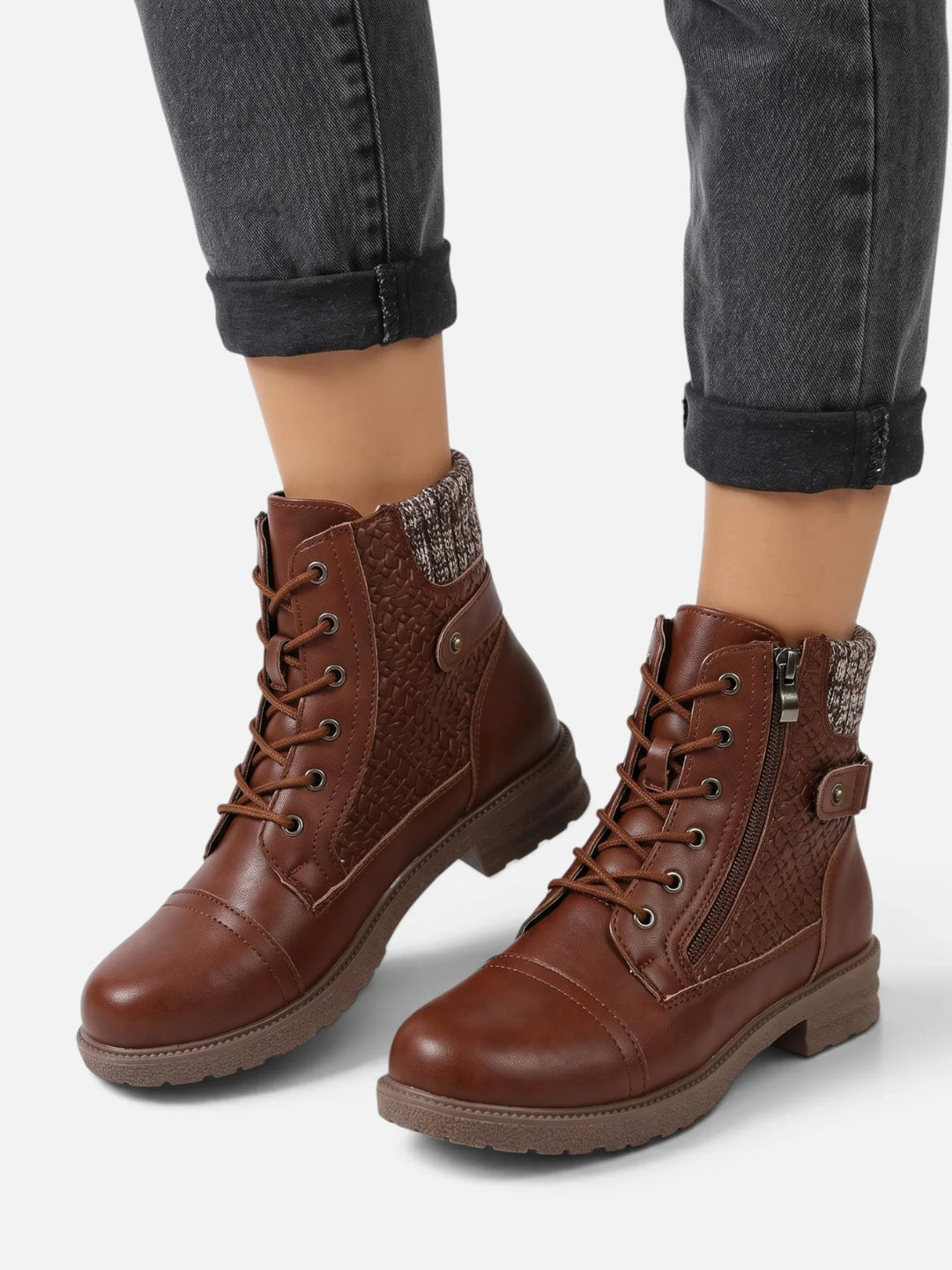 Women's Leather Combat Boots with Knit Panel