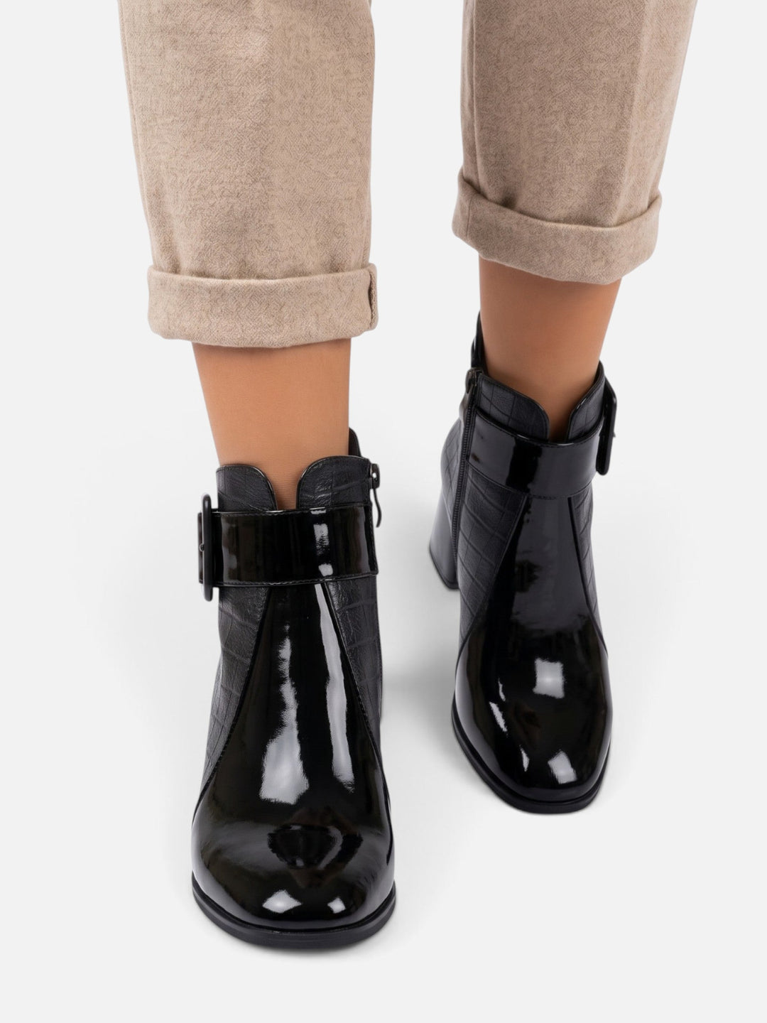 Women's Patent Croc-Effect Ankle Boots with Buckle