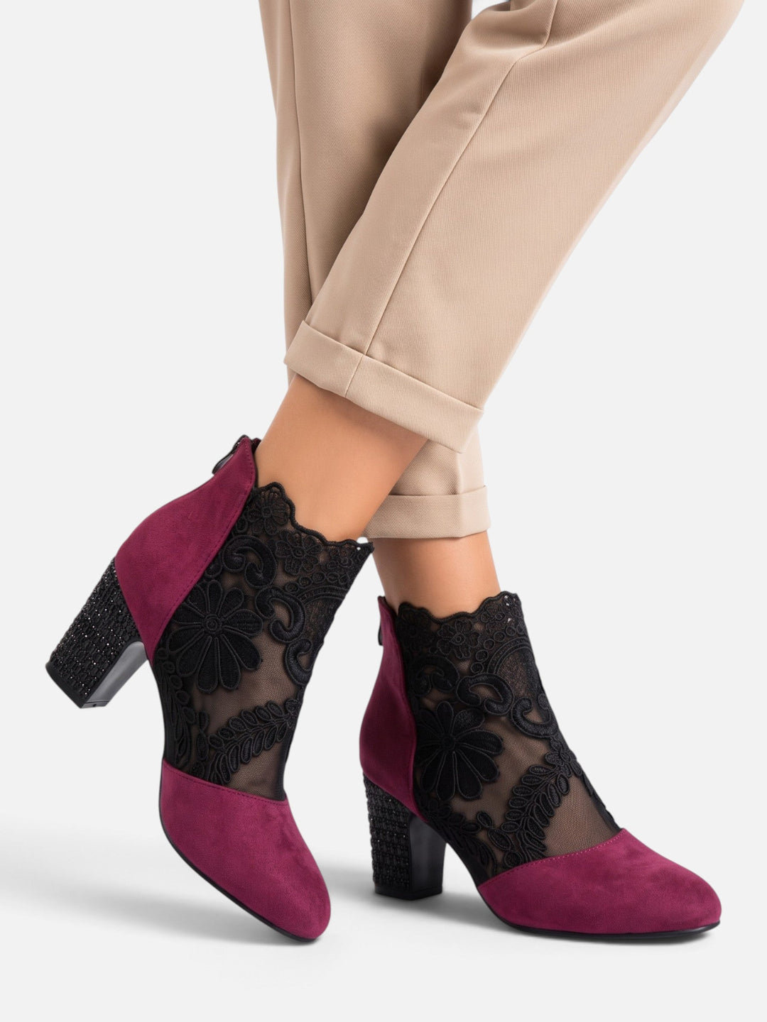 Women's Lace Ankle Boots with Rhinestone Heel